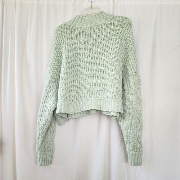 Free People Merry Go Round Sweater Size XL mint Green Cable Knit Fisherman - Picture 9 of 9